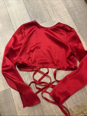 Zara Red Satin Long-Sleeve Wrap-Back Crop Top